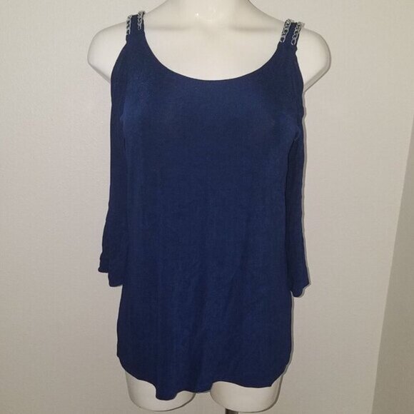 Chico's Travelers Blue Pullover Shirt Cold Shoulder Silver Chain Chico's Size 0 - Picture 1 of 11